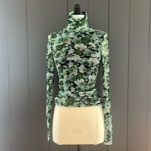 Ganni mesh turtleneck, green floral, size 32